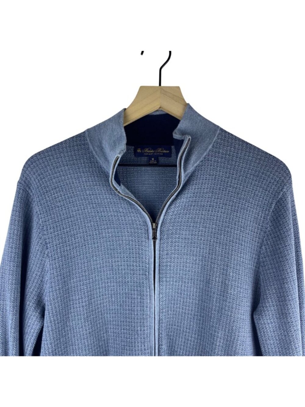 Brooks Brothers Supima Cotton Blue Full-Zip Sweater Medium Waffle Knit Design - Picture 2 of 11